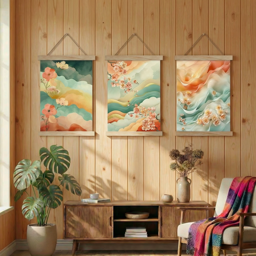 Kiraz Çiçeği Nefesi | Pastel Bulut Dalgaları Üçlü Poster Seti | Japon Duvar Sanatı