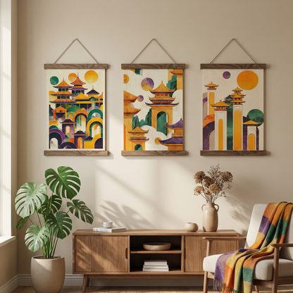 Altın Pagoda — Oryantal Mimarlık Üçlü Poster Seti | Asya Duvar Sanatı