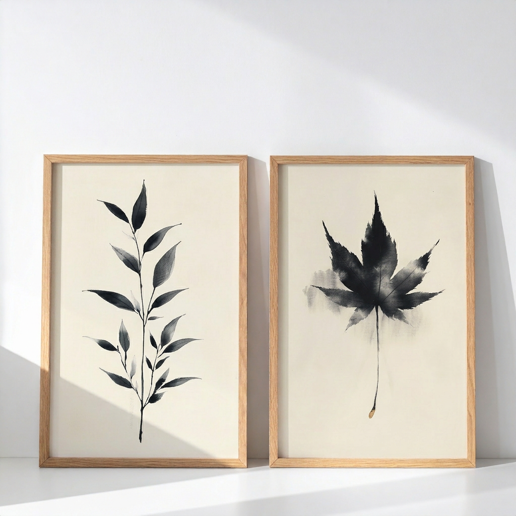 Sumi-e Yaprak İkilisi | Minimalist Botanik | İkili Duvar Sanatı