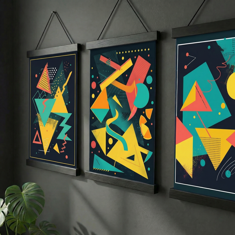 Retro Kaos — Memphis Tarzı Soyut Geometrik Üçlü Poster Seti | Duvar Sanatı