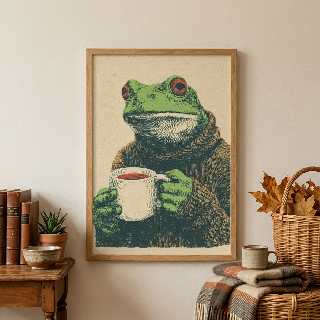 Kahveli Kurbağa | Vintage Linocut Karakter Posteri