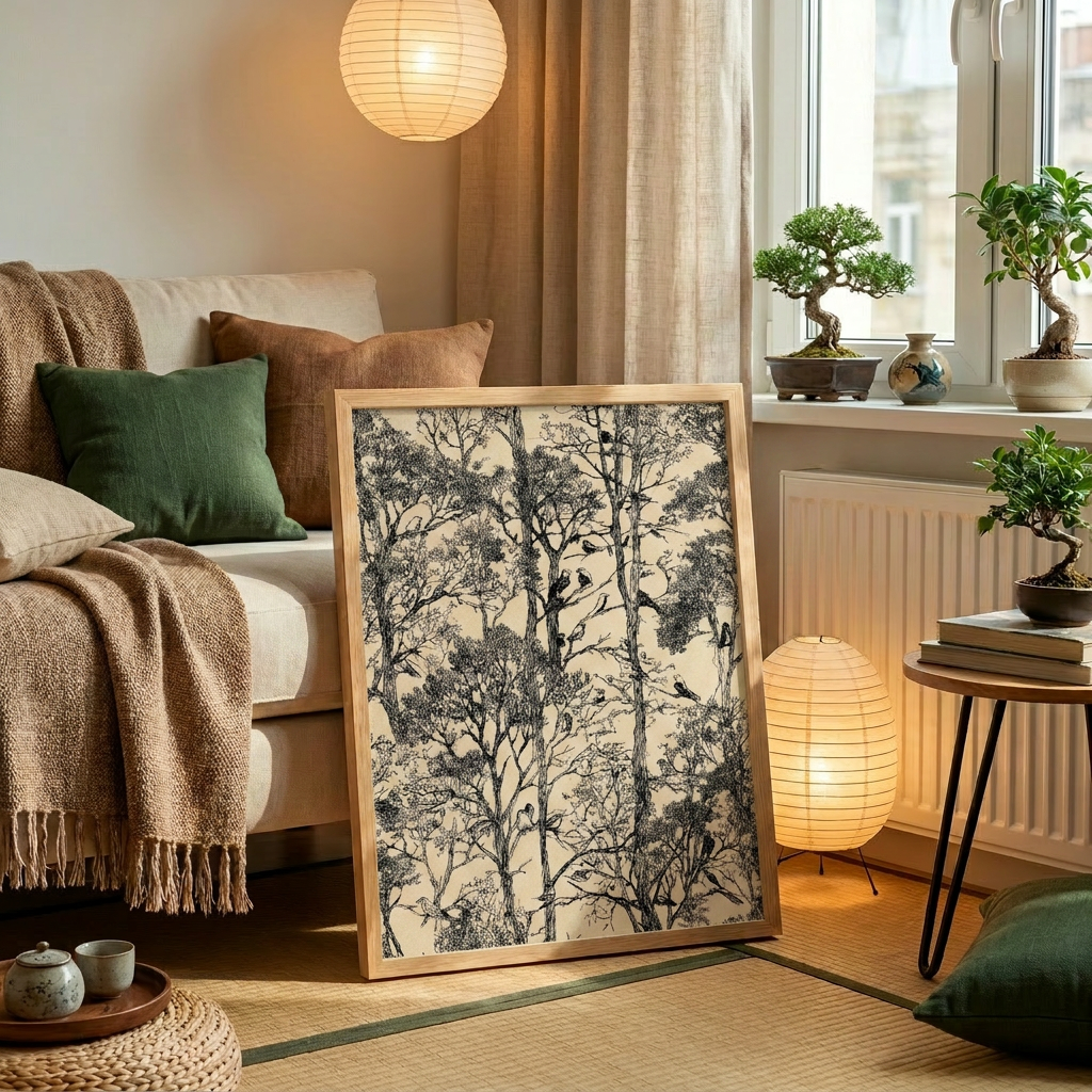 Dallar & Kuşlar | Toile de Jouy İllüstrasyon Duvar Sanatı