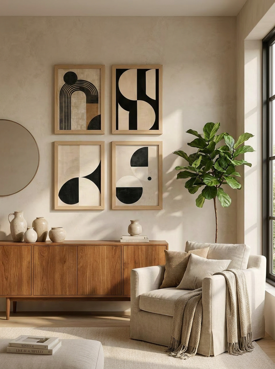 Bauhaus Geometri — Dörtlü Soyut Galeri Seti | Duvar Sanatı