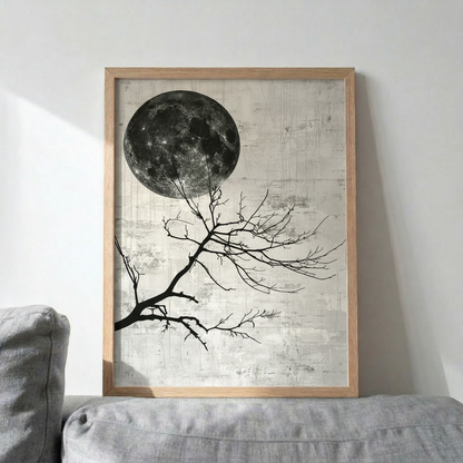 Dolunay & Dal Minimalist Duvar Sanatı | Japon Sumi-e Baskı