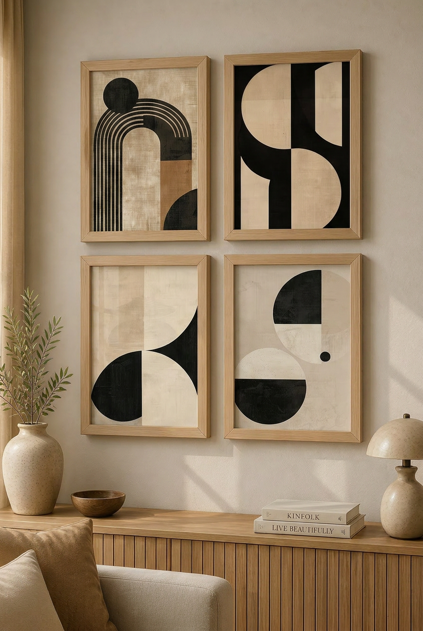 Bauhaus Geometri — Dörtlü Soyut Galeri Seti | Duvar Sanatı