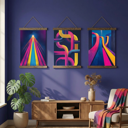Neon Ritim | Soyut Geometrik Üçlü Poster Seti | Modern Duvar Sanatı