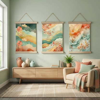 Kiraz Çiçeği Nefesi | Pastel Bulut Dalgaları Üçlü Poster Seti | Japon Duvar Sanatı