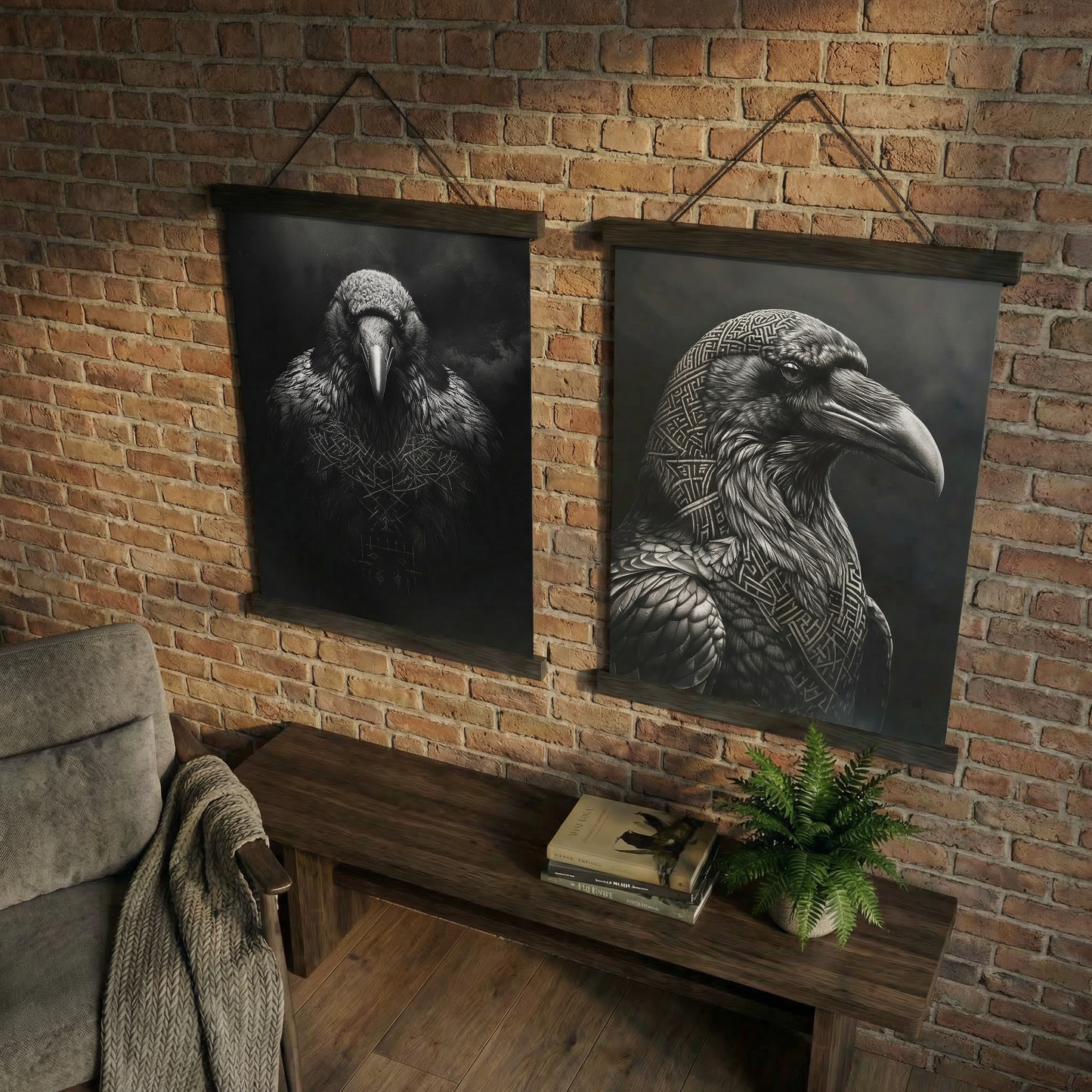 Huginn & Muninn | Viking Kuzgun İkili Poster Seti | Runik Desen Duvar Sanatı