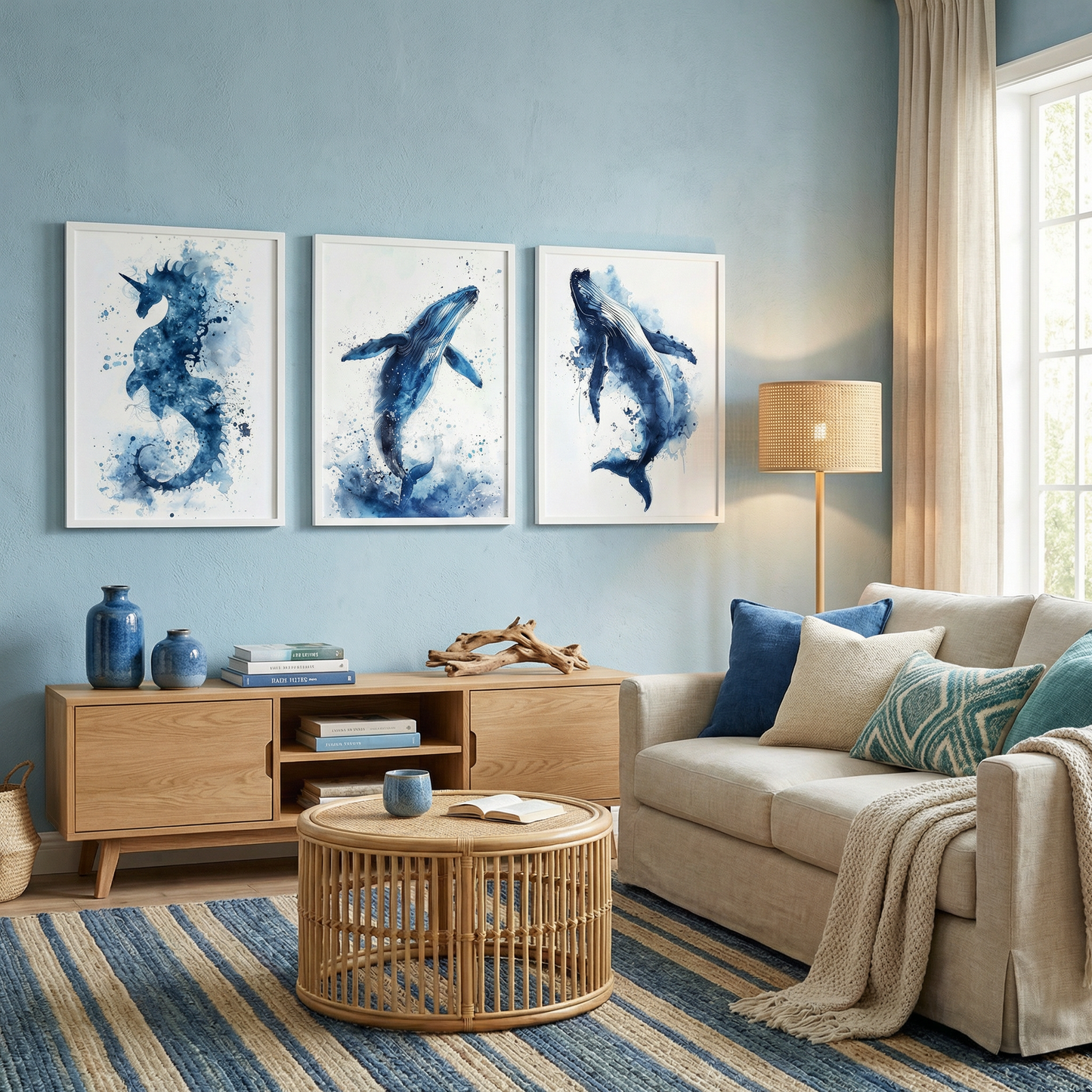 Ocean Dream — Watercolor Seahorse and Whale Triple Poster Set | Coastal Wall Art