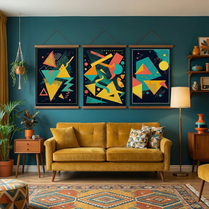 Retro Kaos — Memphis Tarzı Soyut Geometrik Üçlü Poster Seti | Duvar Sanatı