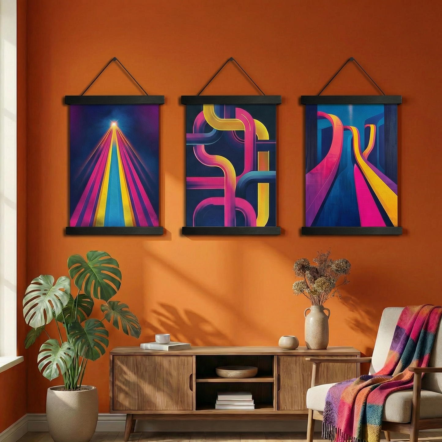 Neon Ritim | Soyut Geometrik Üçlü Poster Seti | Modern Duvar Sanatı