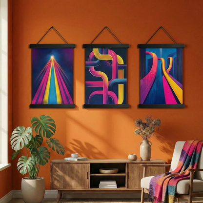 Neon Ritim | Soyut Geometrik Üçlü Poster Seti | Modern Duvar Sanatı