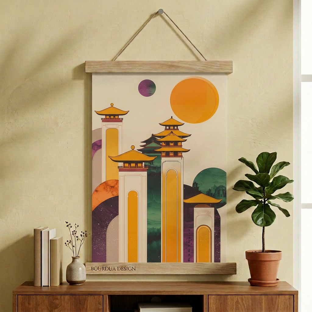 Altın Pagoda | Minimalist Asya Mimarisi Duvar Sanatı