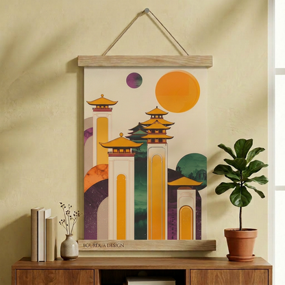 Altın Pagoda | Minimalist Asya Mimarisi Duvar Sanatı