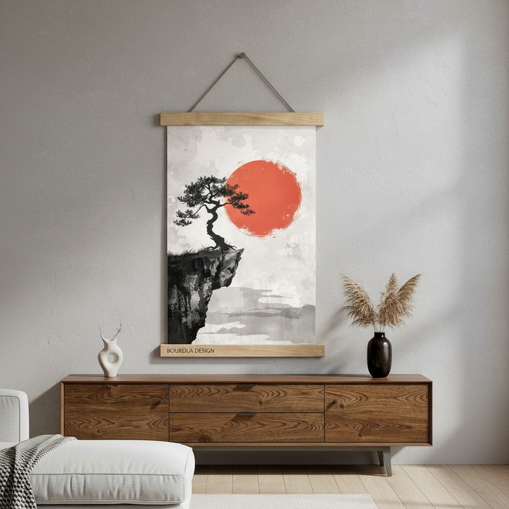 Kırmızı Güneş & Bonsai | Japon Mürekkep Sanatı