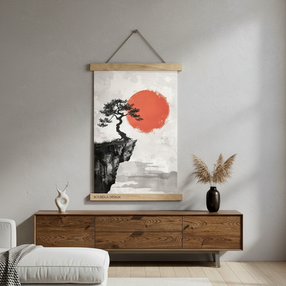Kırmızı Güneş & Bonsai | Japon Mürekkep Sanatı