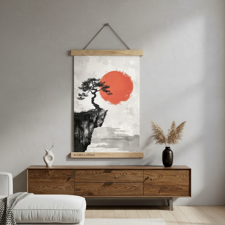 Kırmızı Güneş & Bonsai | Japon Mürekkep Sanatı