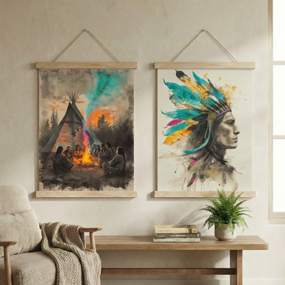 Ateş Etrafında & Ruhun Şef'i | Native American İkili Poster Seti | Boho Duvar Sanatı
