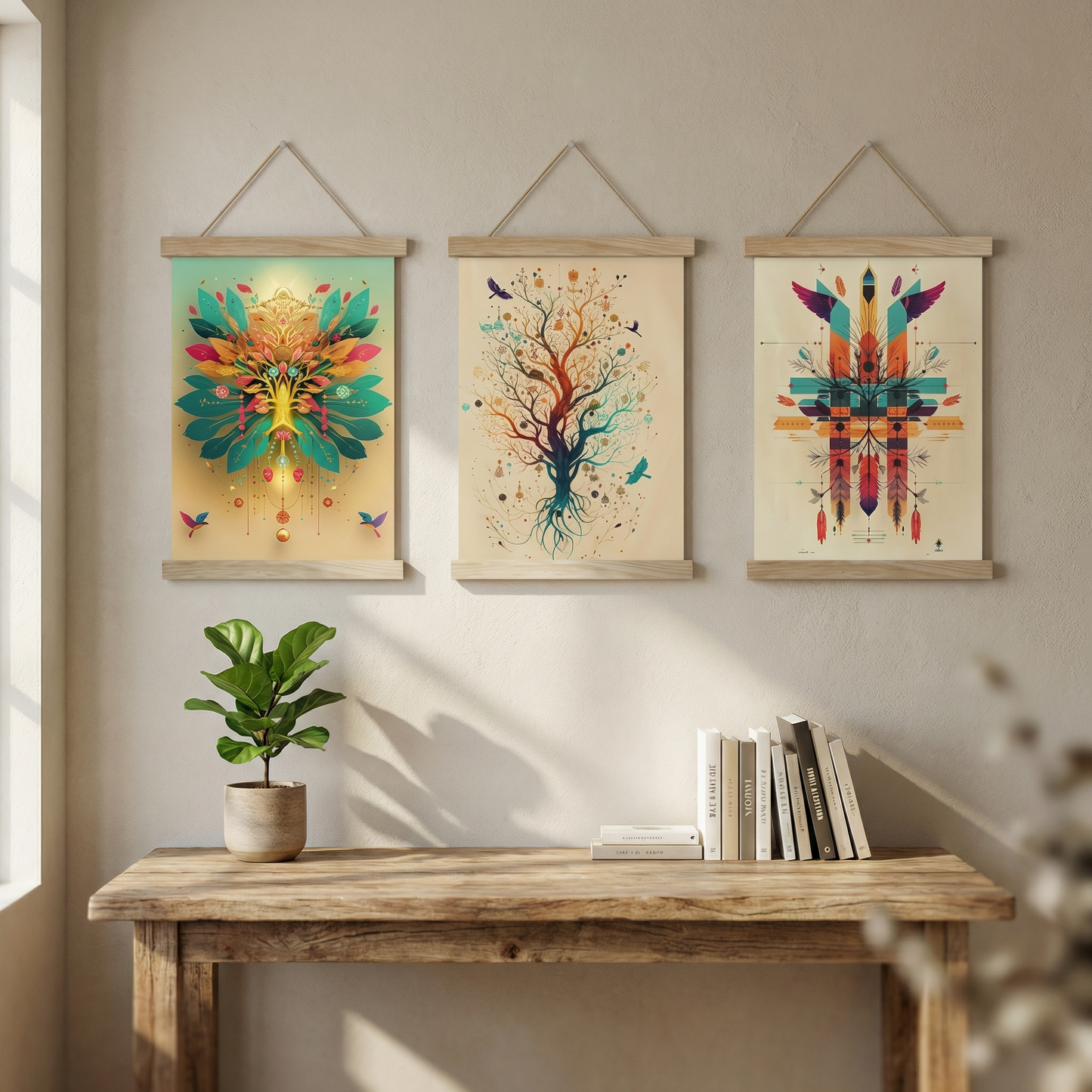 Roots of the Soul — Triple Poster Set with Mandala, Tree of Life & Feather Motifs | Boho Wall Art