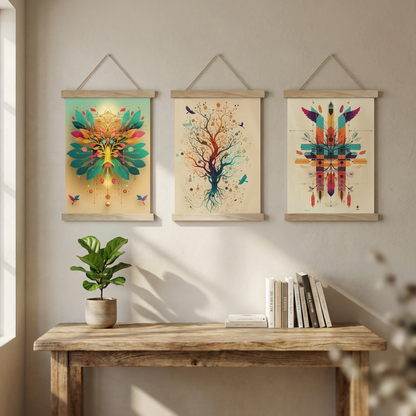 Roots of the Soul — Triple Poster Set with Mandala, Tree of Life & Feather Motifs | Boho Wall Art