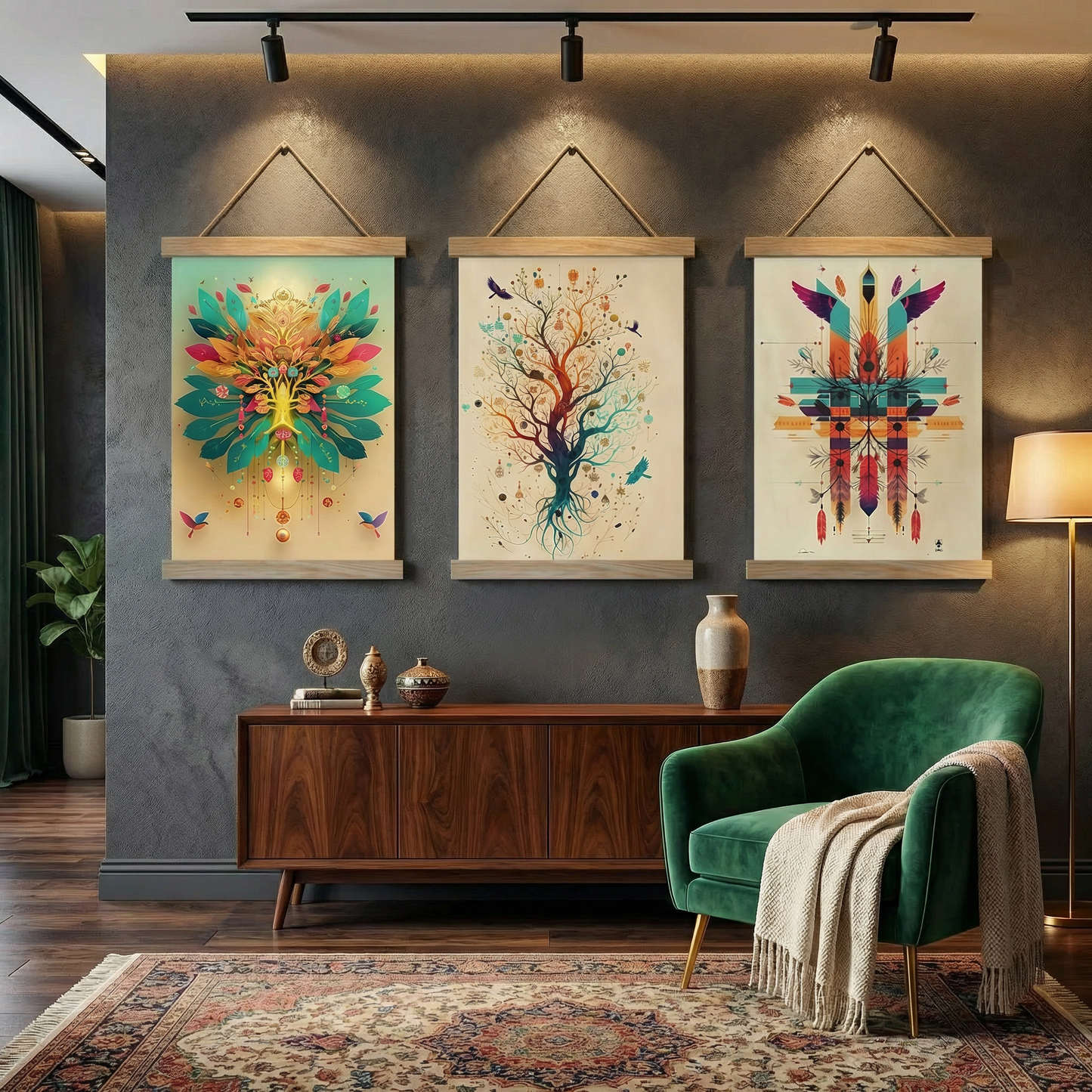 Roots of the Soul — Triple Poster Set with Mandala, Tree of Life & Feather Motifs | Boho Wall Art