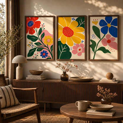Renkli Bahar 3 Parçalı Modern Botanik Duvar Tablo Seti