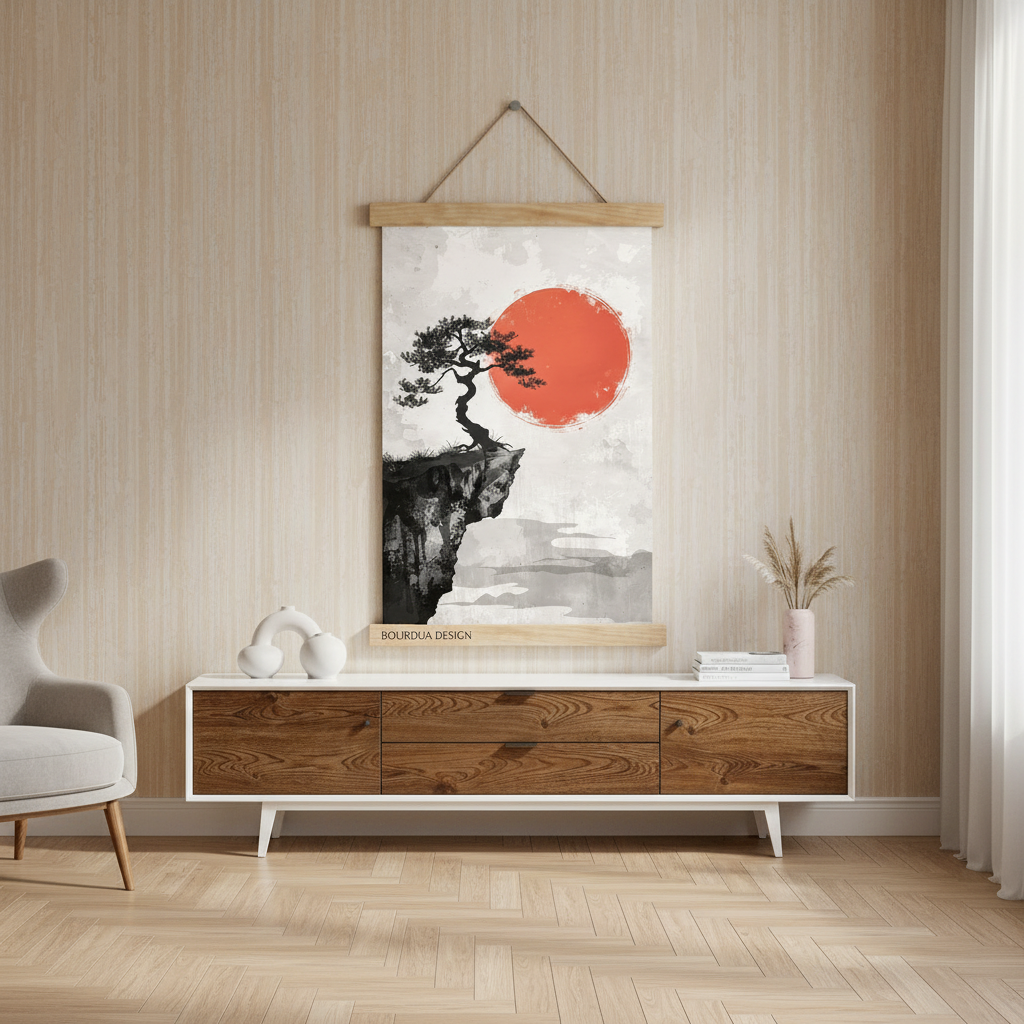 Kırmızı Güneş & Bonsai | Japon Mürekkep Sanatı
