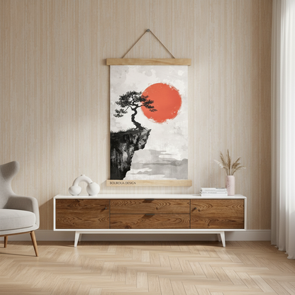 Kırmızı Güneş & Bonsai | Japon Mürekkep Sanatı