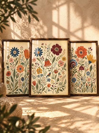 Çiçekli Bahçe 3 Parçalı Vintage Botanik Duvar Tablo Seti